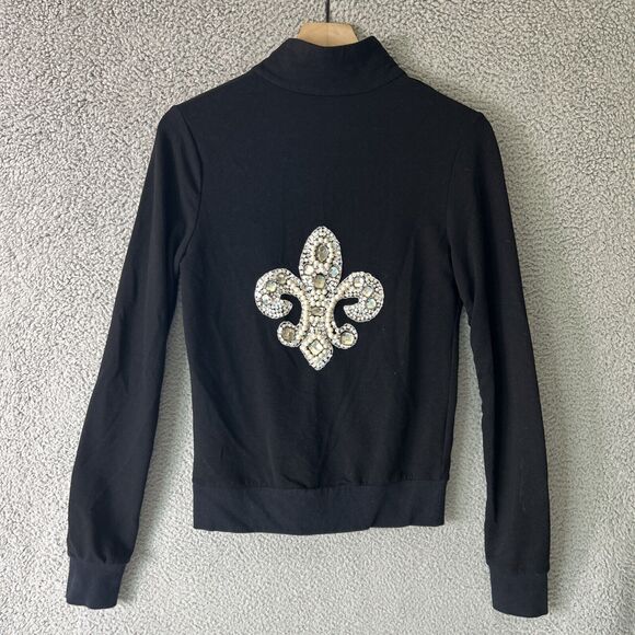 Boston Proper Tops - BOSTON PROPER Y2K Bling Hoodie Womens Small Black Fleur De Lis Rhinestone Jacket